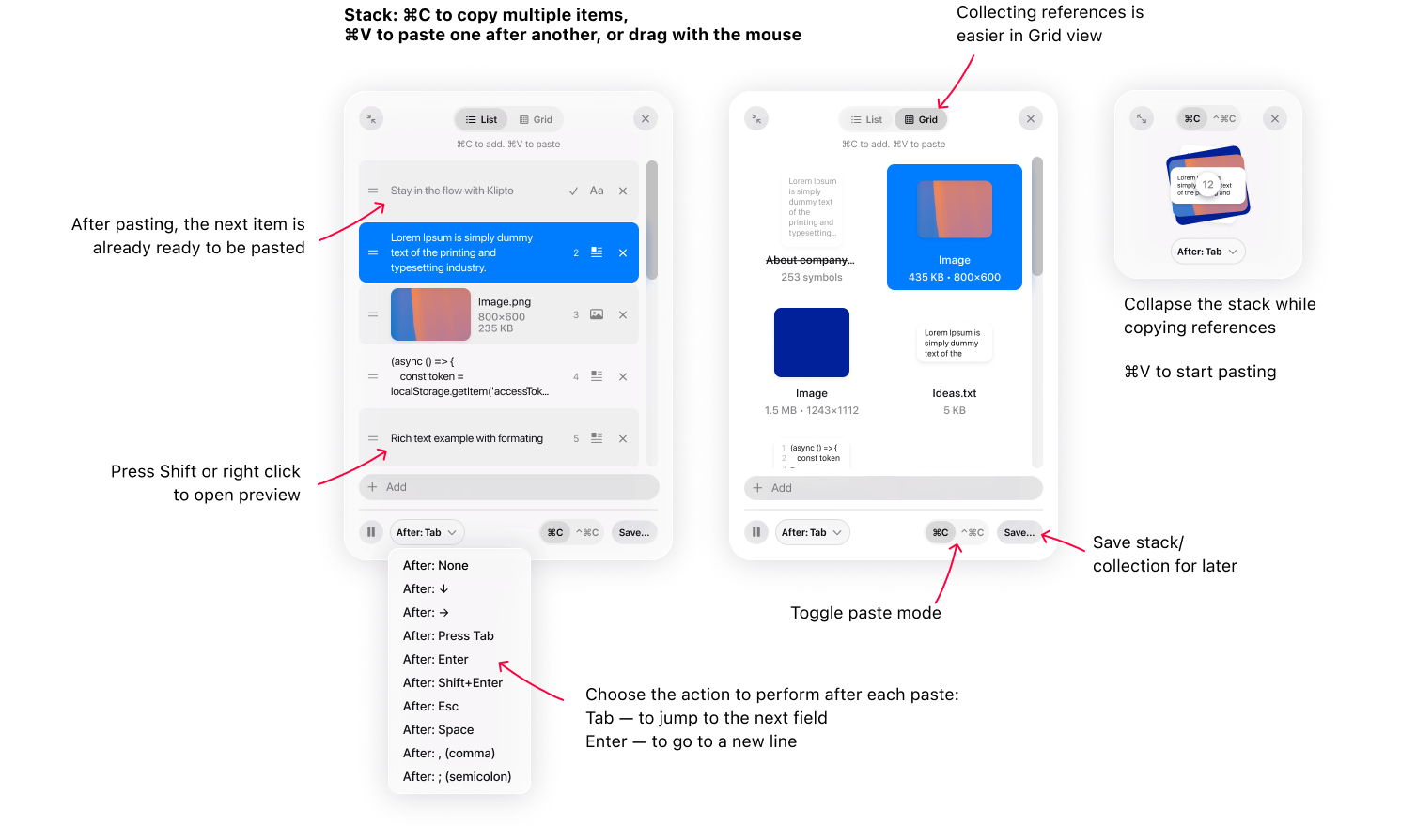 Klipto Stack interface explained — collected items, paste order and after-paste action
