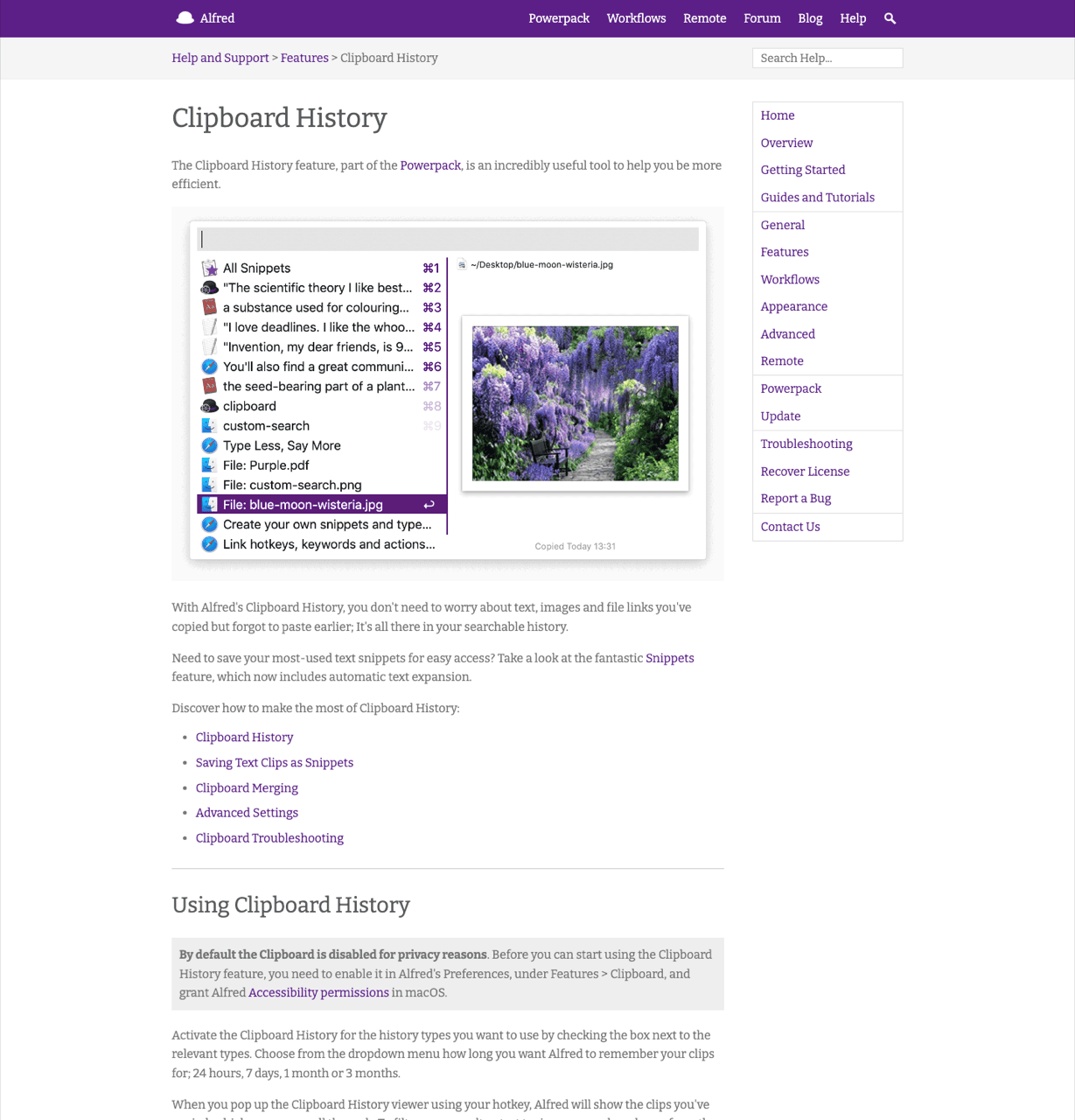 Alfred clipboard history documentation