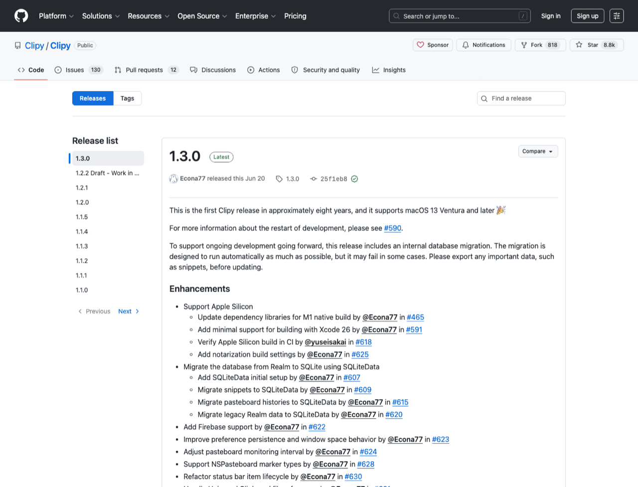 Clipy 1.3.0 release notes on GitHub