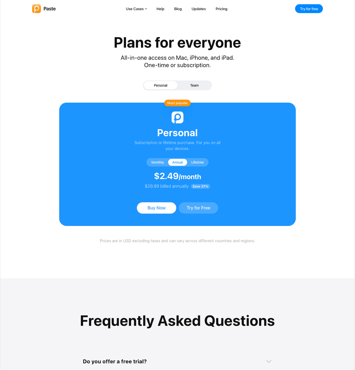Paste pricing page