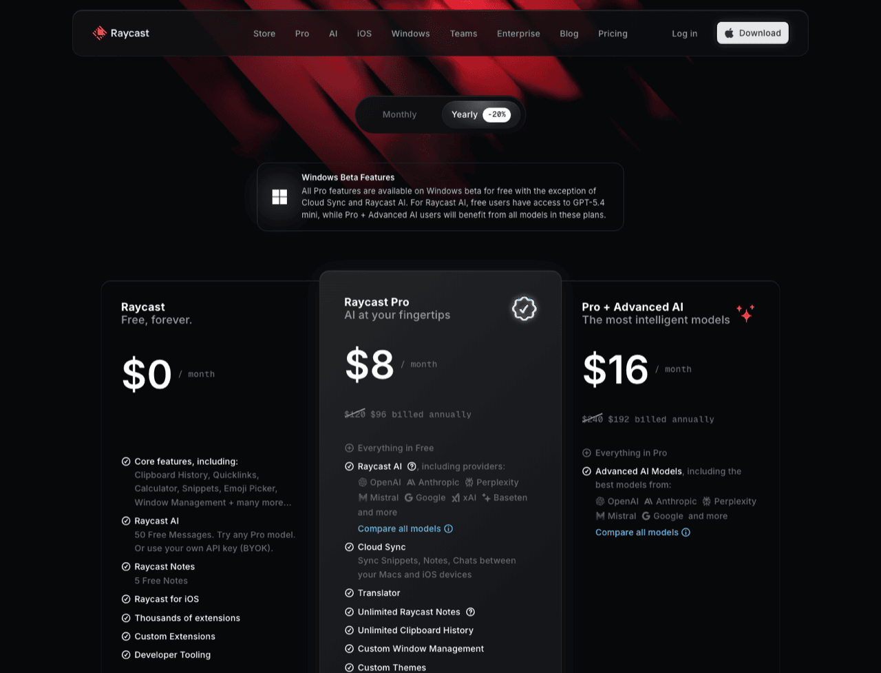 Raycast pricing page