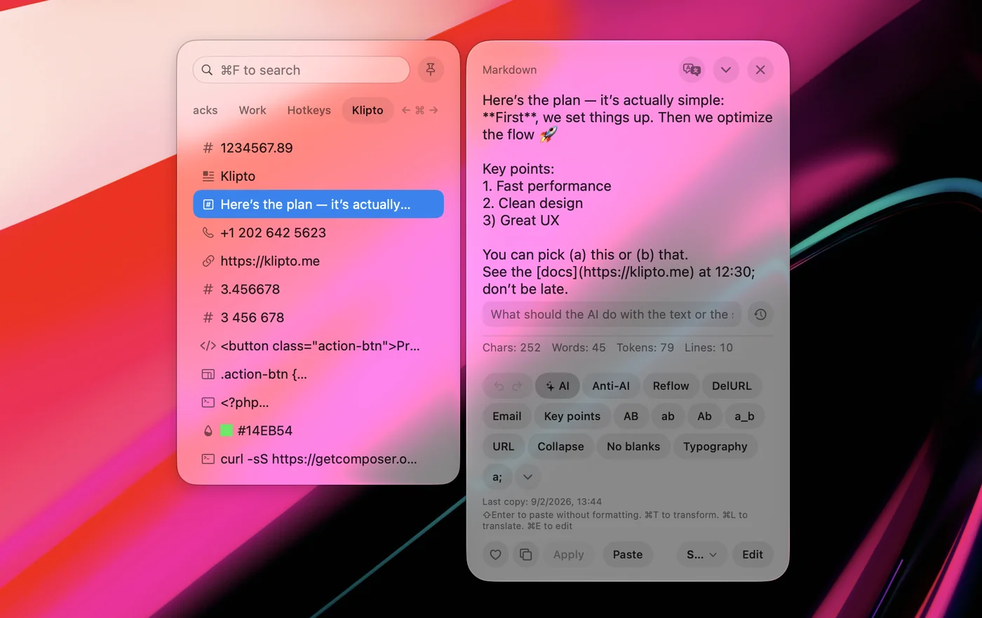 The preview panel with the AI chip pressed and the prompt bar under the text
