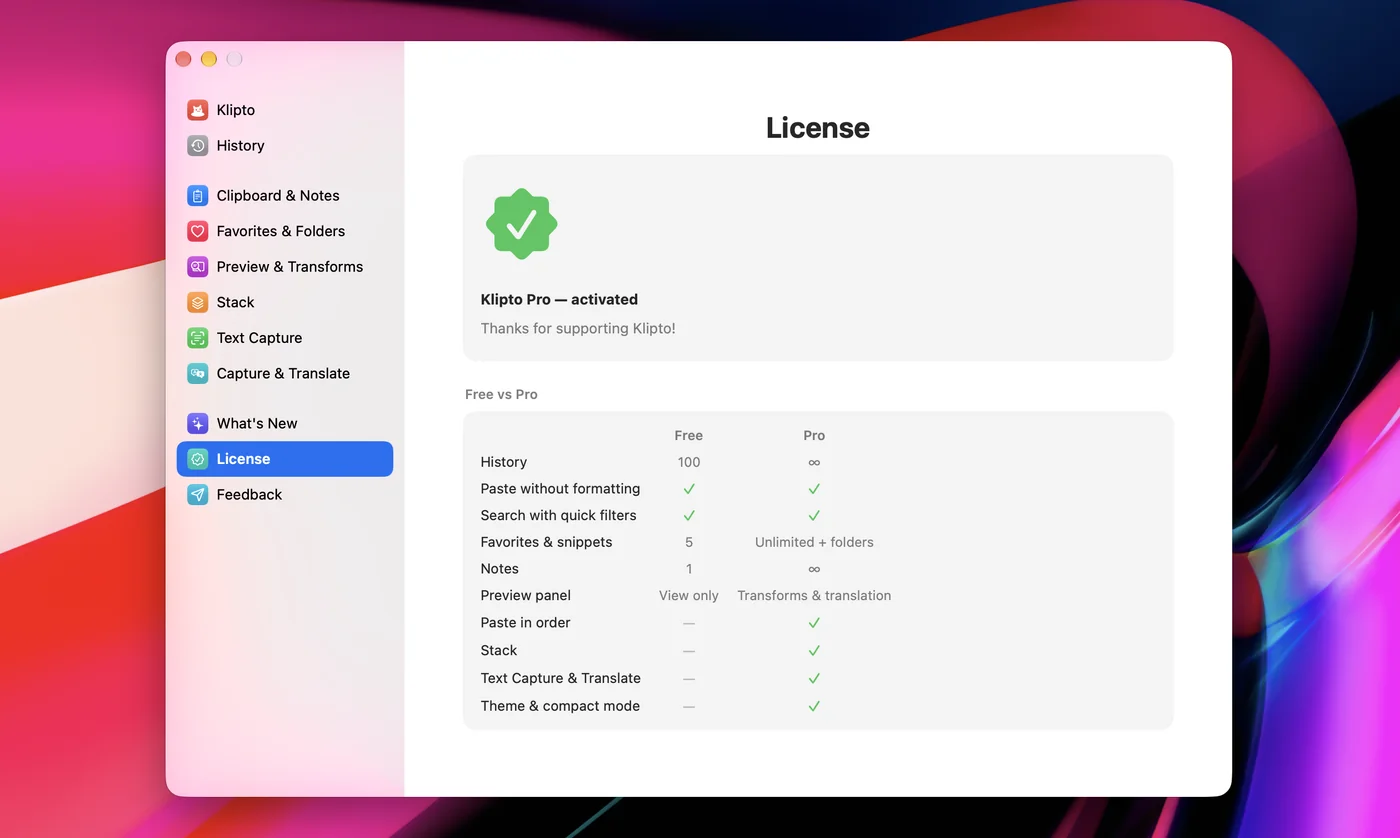 Preferences → License with Pro activated and the Free versus Pro table