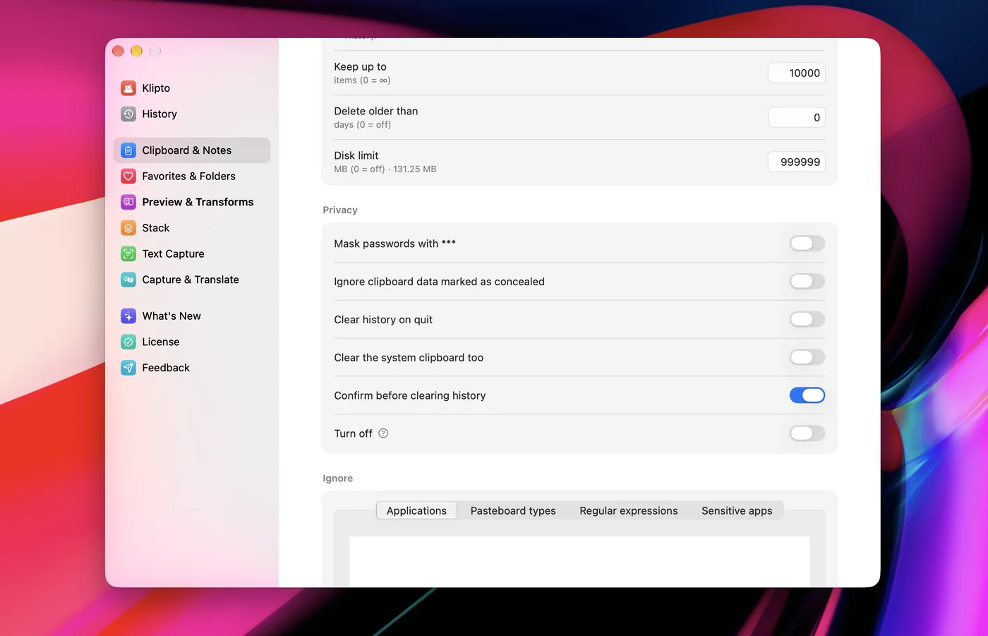 Preferences → Clipboard and notes: the three storage limits and the privacy switches