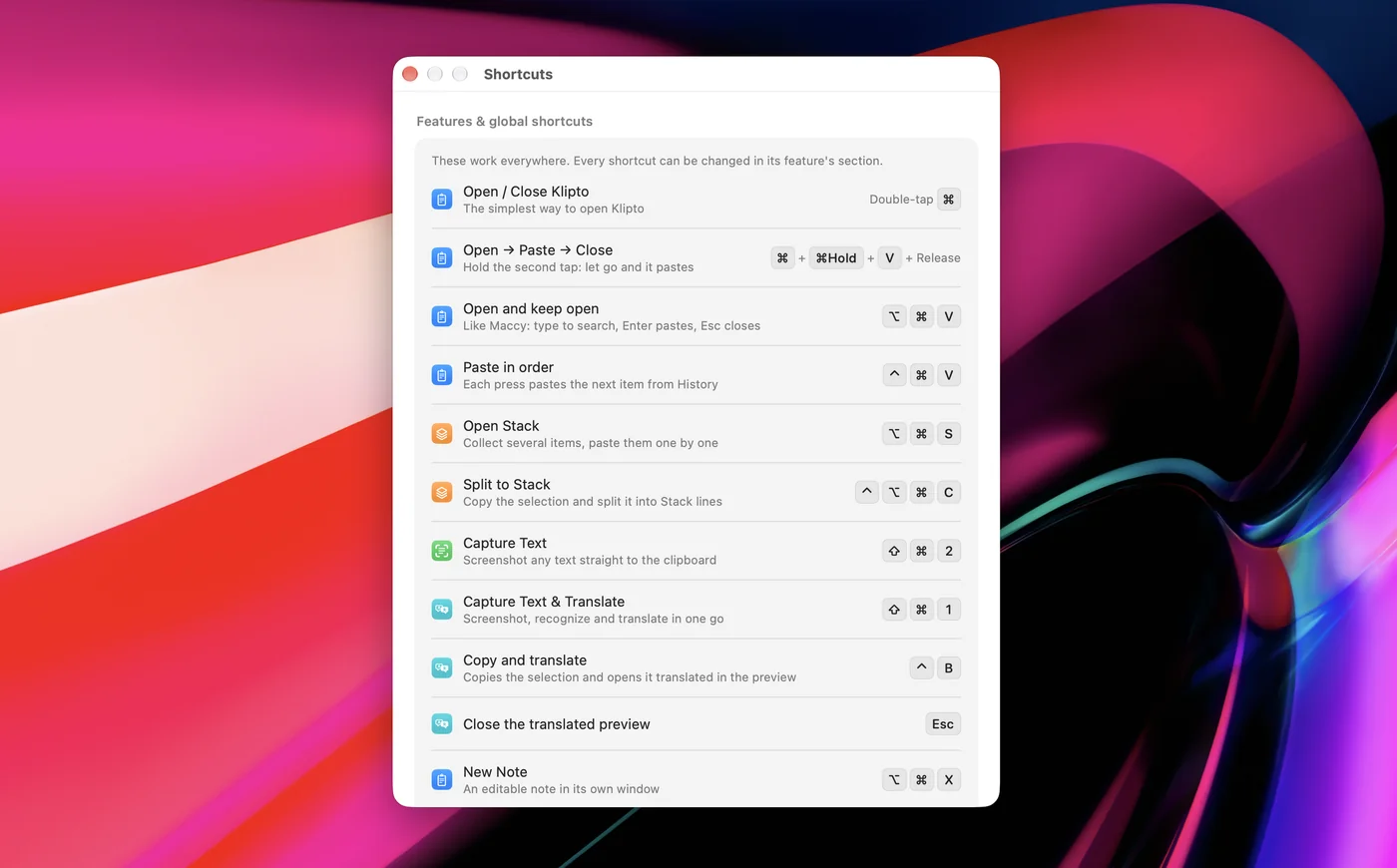 Klipto's own Shortcuts window: every global shortcut with its keys